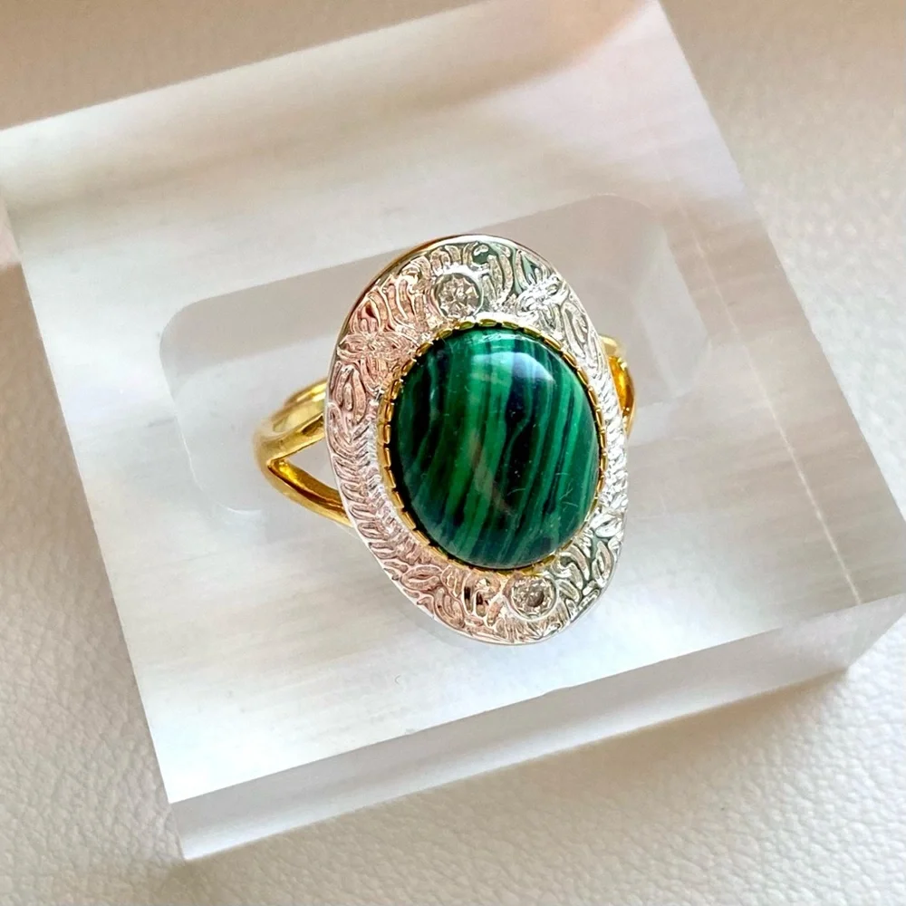 Gold Tone Ring with Green Malachite Stone